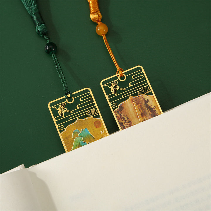 Buddha Stones A Panorama of Rivers and Mountains Metal Hollow Bookmarks Tassel With Gift Box - image 14