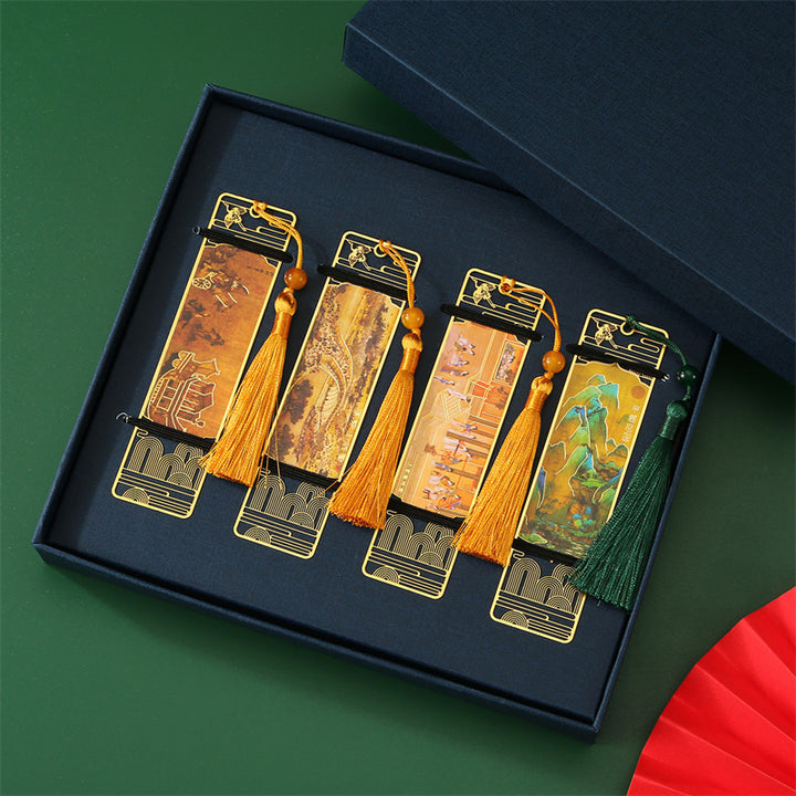 Buddha Stones A Panorama of Rivers and Mountains Metal Hollow Bookmarks Tassel With Gift Box - image 12