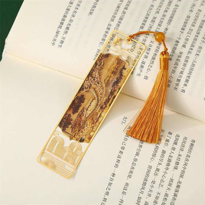 Buddha Stones A Panorama of Rivers and Mountains Metal Hollow Bookmarks Tassel With Gift Box - image 5