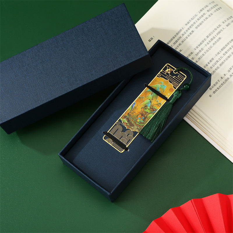 Buddha Stones A Panorama of Rivers and Mountains Metal Hollow Bookmarks Tassel With Gift Box - image 2