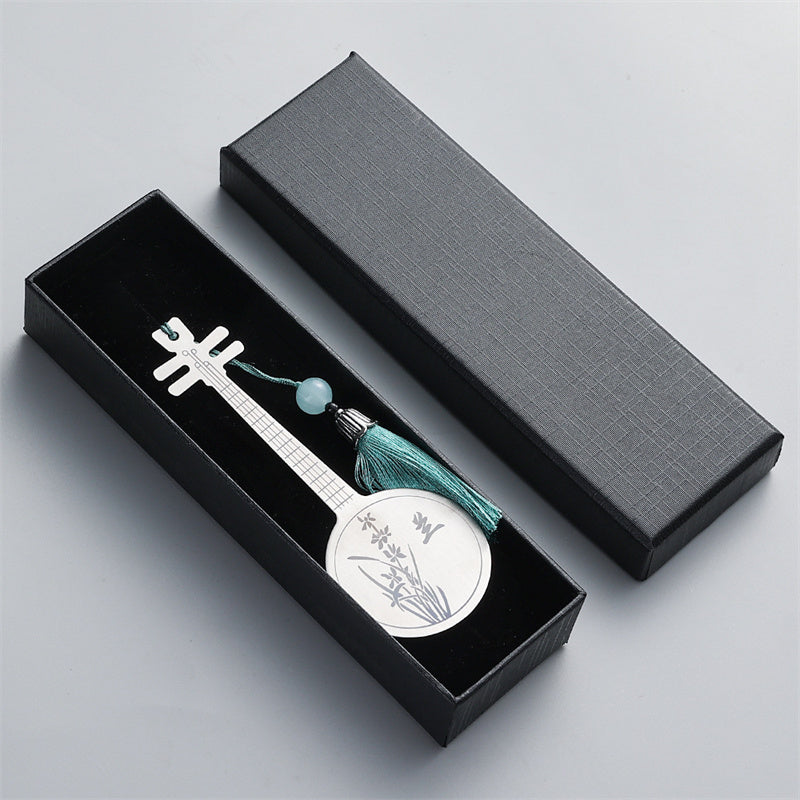 Buddha Stones Classical Musical Instruments Pipa Guzheng Guqin Ruan Metal Bookmarks Tassel With Gift Box - Silver - Ruan-Gift Box - image 6