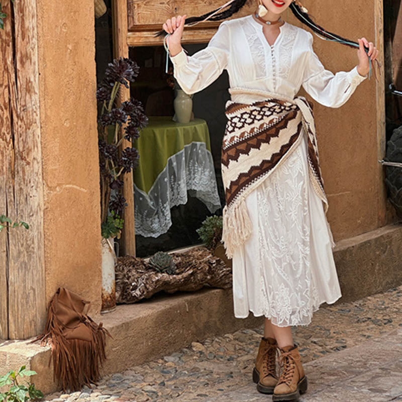 Buddha Stones Tibetan Striped Brown Beige Tassel Shawl Winter Cozy Travel Scarf Wrap - image 7