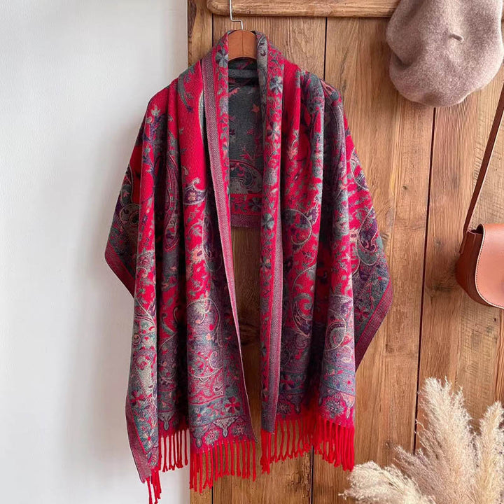 Buddha Stones Tibetan Flower Branch Tassel Shawl Cozy Travel Scarf Wrap - Red 180*65cm - image 11