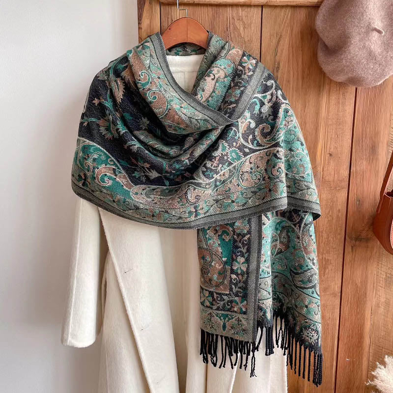 Buddha Stones Tibetan Flower Branch Tassel Shawl Cozy Travel Scarf Wrap - Green 180*65cm - image 12