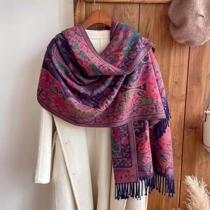 Buddha Stones Tibetan Flower Branch Tassel Shawl Cozy Travel Scarf Wrap - Rose Red 180*65cm - image 13