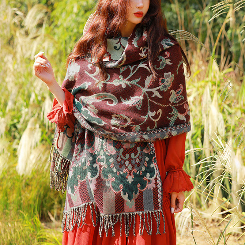 Buddha Stones Tibetan Flowers Leaves Branch Design Tassel Shawl Cozy Travel Scarf Wrap - image 1