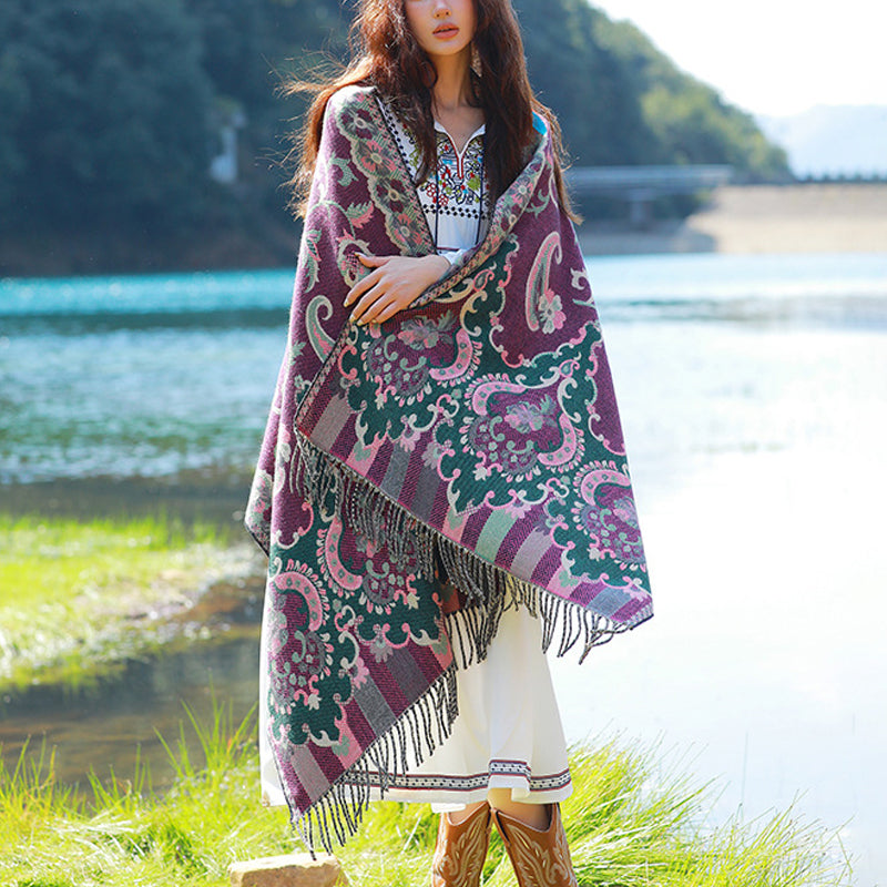 Buddha Stones Tibetan Flowers Leaves Branch Design Tassel Shawl Cozy Travel Scarf Wrap - Purple - image 10