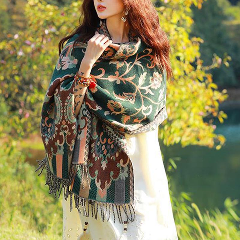 Buddha Stones Tibetan Flowers Leaves Branch Design Tassel Shawl Cozy Travel Scarf Wrap - image 27