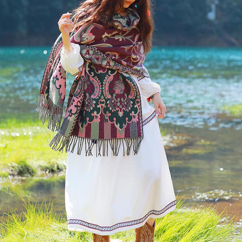 Buddha Stones Tibetan Flowers Leaves Branch Design Tassel Shawl Cozy Travel Scarf Wrap - image 19