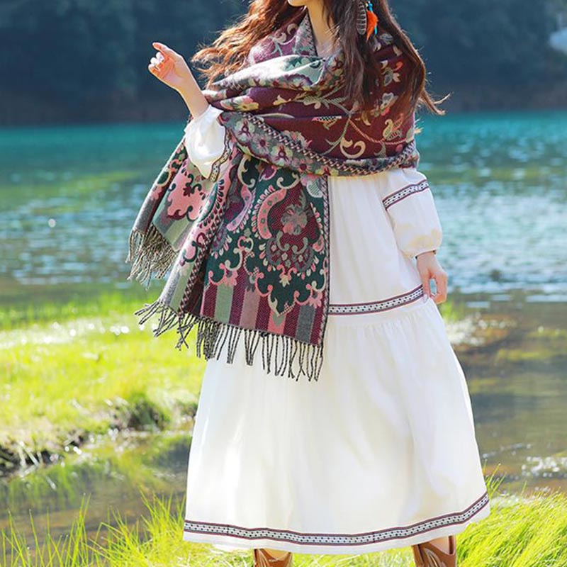 Buddha Stones Tibetan Flowers Leaves Branch Design Tassel Shawl Cozy Travel Scarf Wrap - image 20