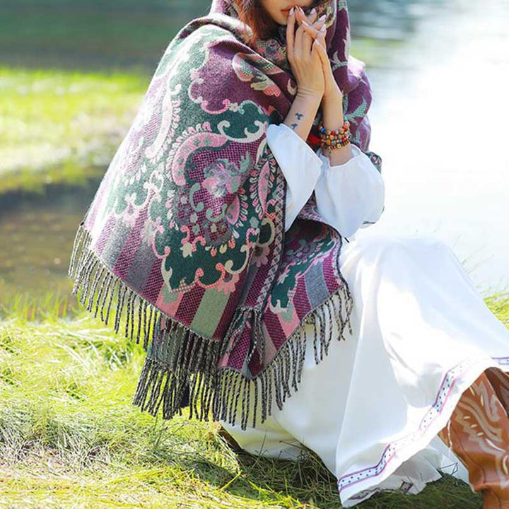 Buddha Stones Tibetan Flowers Leaves Branch Design Tassel Shawl Cozy Travel Scarf Wrap - image 18