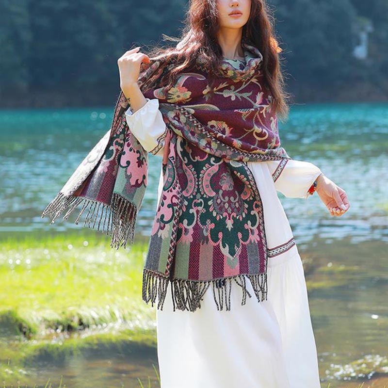 Buddha Stones Tibetan Flowers Leaves Branch Design Tassel Shawl Cozy Travel Scarf Wrap - image 11