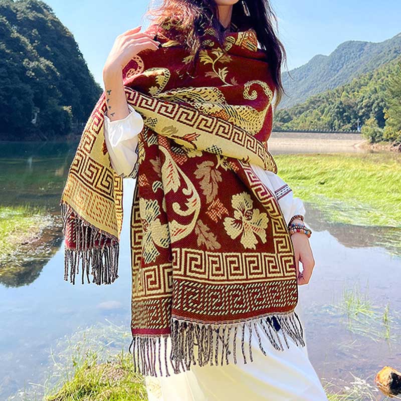 Buddha Stones Tibetan Flowers Leaves Pattern Design Shawl Cozy Travel Scarf Wrap - Red Beige - image 30