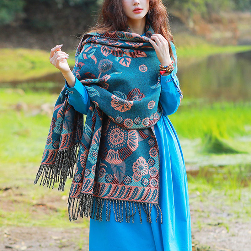 Buddha Stones Tibetan Flower Floral Leaves Pattern Design Shawl Cozy Travel Scarf Wrap - Aqua - image 0