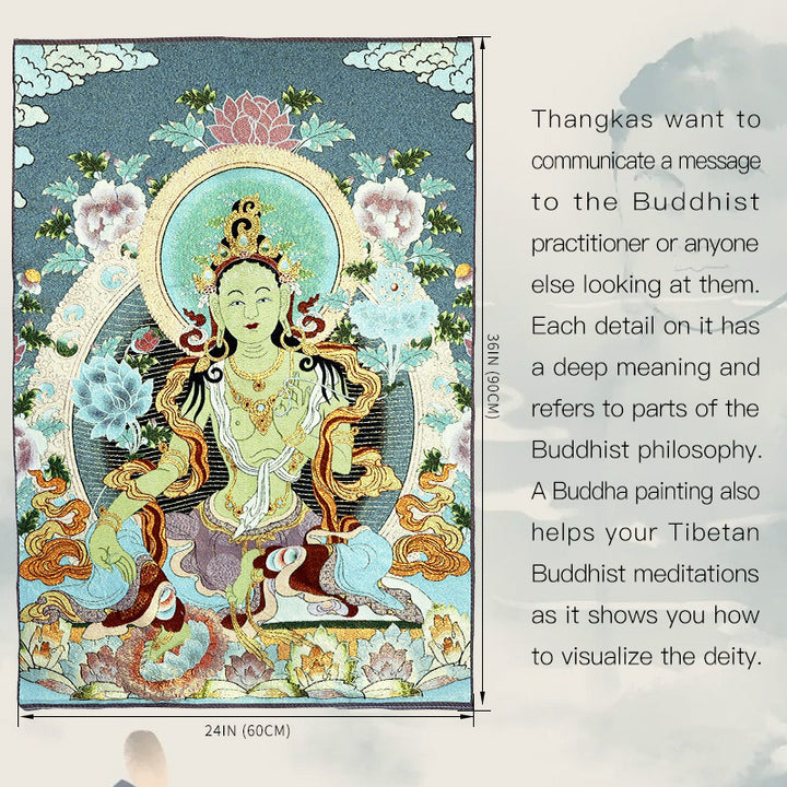 Buddha Stones Tibetan Embroidery White Tara Thangka Tapestry Wall Hanging Wall Art Meditation for Home Decor - image 1