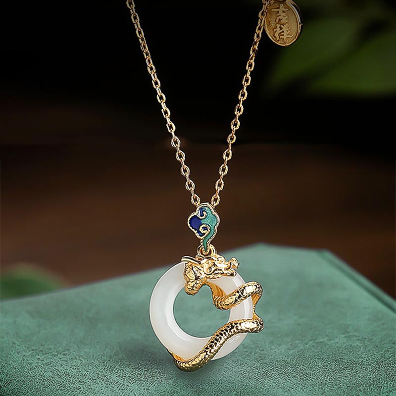 Buddha Stones Year Of The Dragon 925 Sterling Silver Hetian White Jade Peace Buckle Auspicious Clouds Success Necklace Pendant - image 3