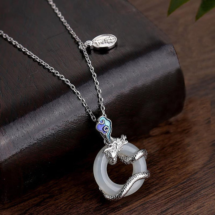 Buddha Stones Year Of The Dragon 925 Sterling Silver Hetian White Jade Peace Buckle Auspicious Clouds Success Necklace Pendant - image 7