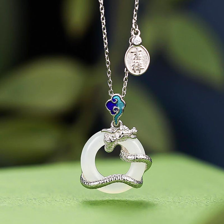 Buddha Stones Year Of The Dragon 925 Sterling Silver Hetian White Jade Peace Buckle Auspicious Clouds Success Necklace Pendant - Silver Dragon - image 6