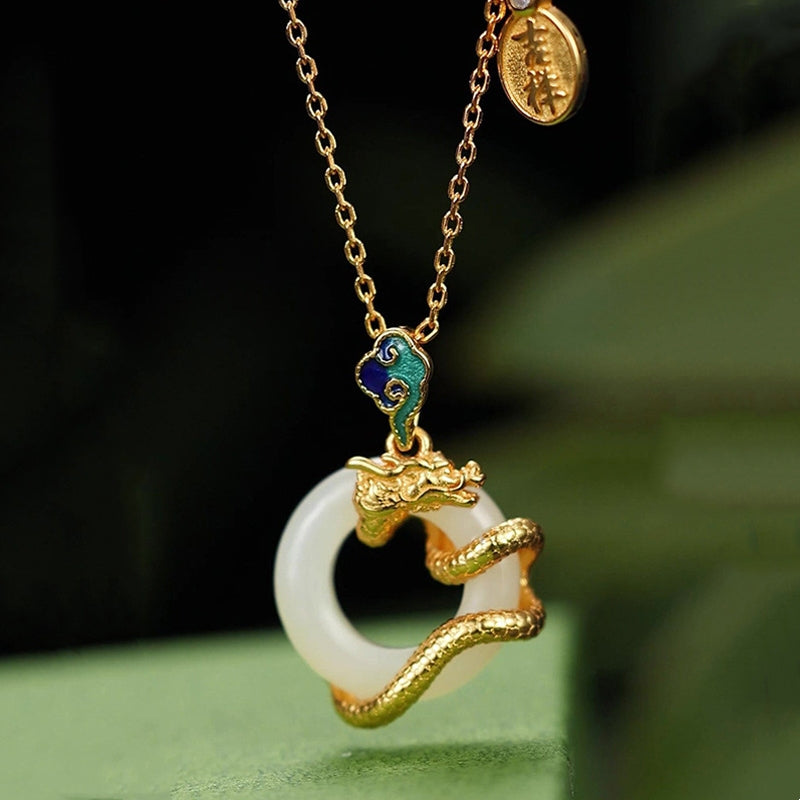 Buddha Stones Year Of The Dragon 925 Sterling Silver Hetian White Jade Peace Buckle Auspicious Clouds Success Necklace Pendant - Gold Dragon - image 0