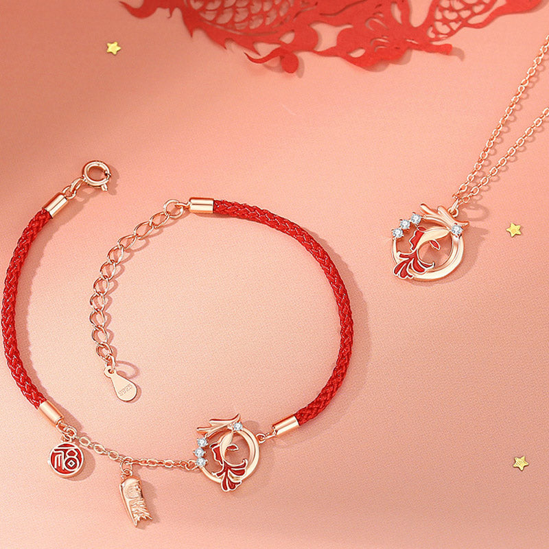Buddha Stones 925 Sterling Silver Year Of The Dragon Koi Fish Fu Character Luck Necklace Pendant Bracelet - Set (Necklace+Bracelet) - image 0