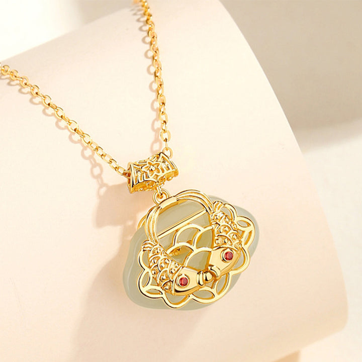 Buddha Stones 925 Sterling Silver Natural Hetian Jade Koi Fish Wealth Necklace Pendant - image 2