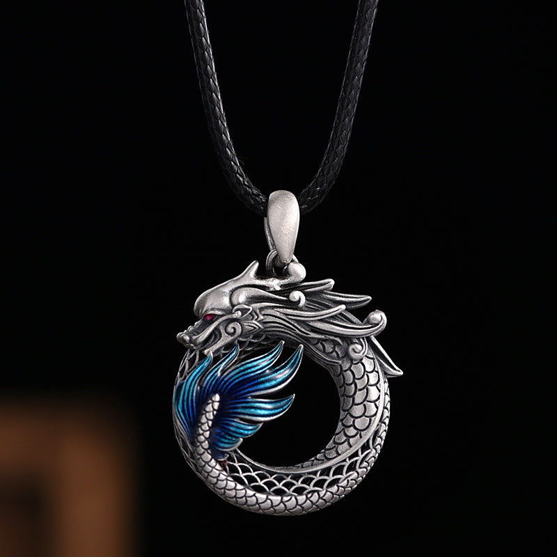 Buddha Stones 999 Sterling Silver Year Of The Dragon Auspicious Peace Buckle Carved Success Necklace Pendant - Dragon&50cm Black Rope - image 0