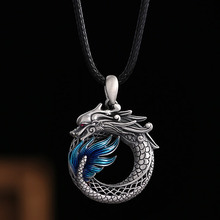 Buddha Stones 999 Sterling Silver Year Of The Dragon Auspicious Peace Buckle Carved Success Necklace Pendant - Dragon&50cm Black Rope - image 0
