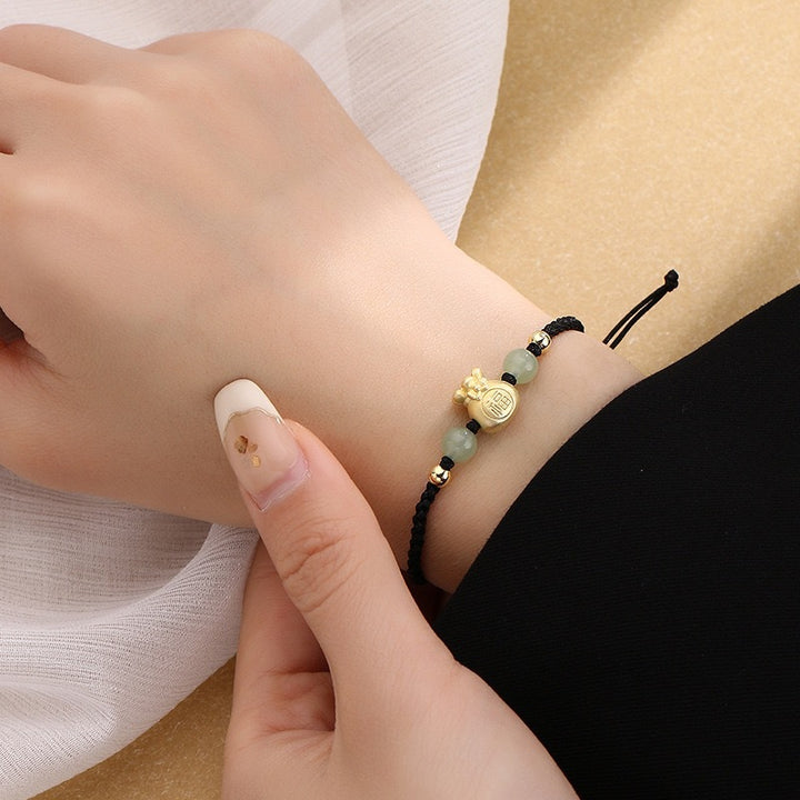 Buddha Stones Lucky Money Bag Fu Character Jade Bead Luck Braided Bracelet - Black Rope Bracelet(Wrist Circumference 14-16cm) - image 4
