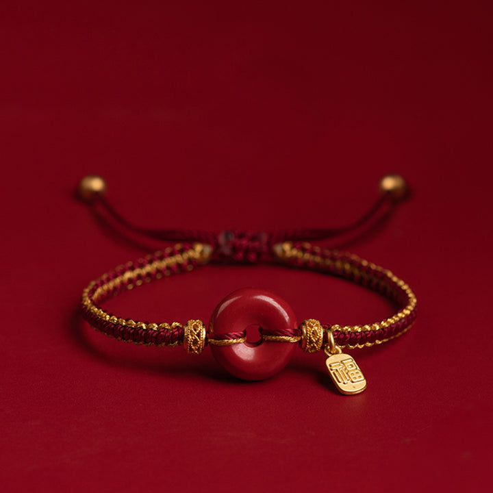 Buddha Stones Natural Cinnabar Peace Buckle Fu Character Charm Blessing Braided Bracelet - 15mm Peace Buckle(Wrist Circumference 14-18cm) - image 0