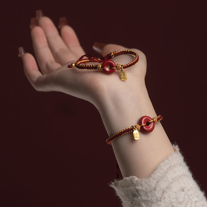 Buddha Stones Natural Cinnabar Peace Buckle Fu Character Charm Blessing Braided Bracelet - image 1