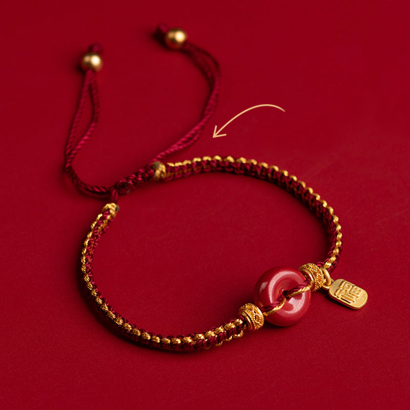 Buddha Stones Natural Cinnabar Peace Buckle Fu Character Charm Blessing Braided Bracelet - image 2