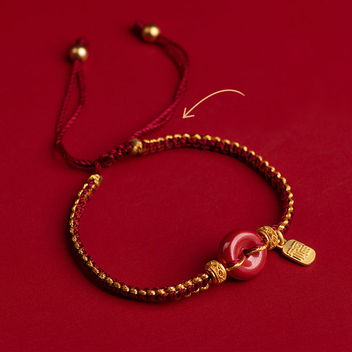 Buddha Stones Natural Cinnabar Peace Buckle Fu Character Charm Blessing Braided Bracelet - image 2
