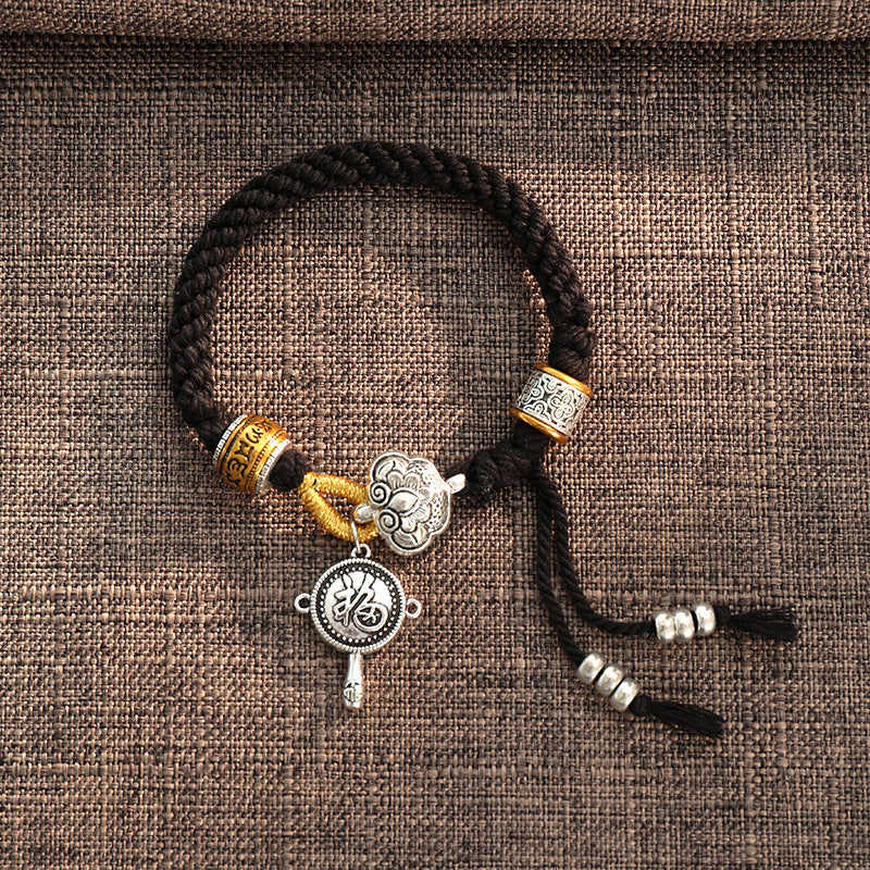 Buddha Stones Handmade Tibetan Om Mani Padme Hum Fu Character Luck Fortune Braided Bracelet - Black(Wrist Circumference 14-18cm) - image 5