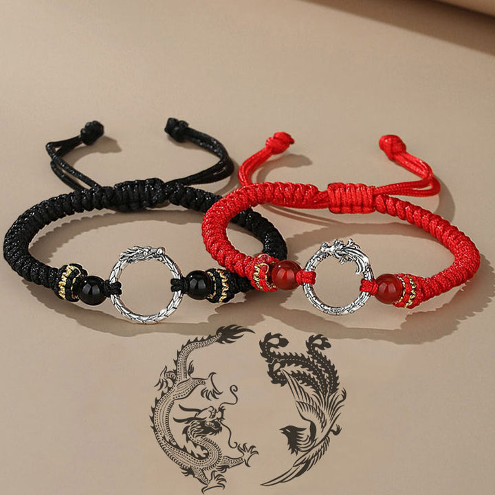 Buddha Stones Handmade 925 Sterling Silver Year of the Dragon Phoenix Peace Buckle Luck Couple Bracelet - image 0