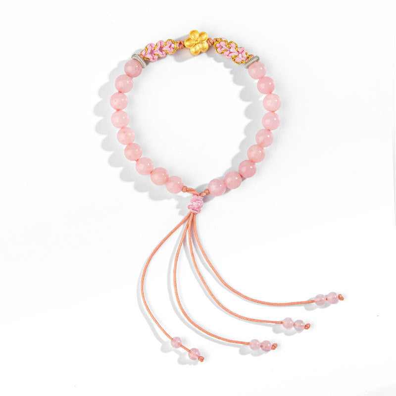 Buddha Stones 999 Sterling Silver Natural Red Agate Pink Crystal Cherry blossom Bracelet - image 3