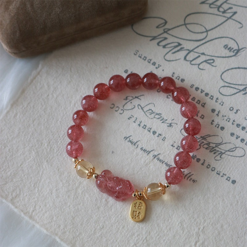 Buddha Stones Natural Strawberry Quartz Peach Blossom PiXiu Attract Fortune Healing Bracelet - Strawberry Quartz Pixiu Attract Fortune(Wrist Circumference 14-16cm) - image 3