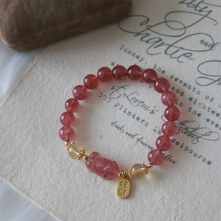 Buddha Stones Natural Strawberry Quartz Peach Blossom PiXiu Attract Fortune Healing Bracelet - Strawberry Quartz Pixiu Attract Fortune(Wrist Circumference 14-16cm) - image 3