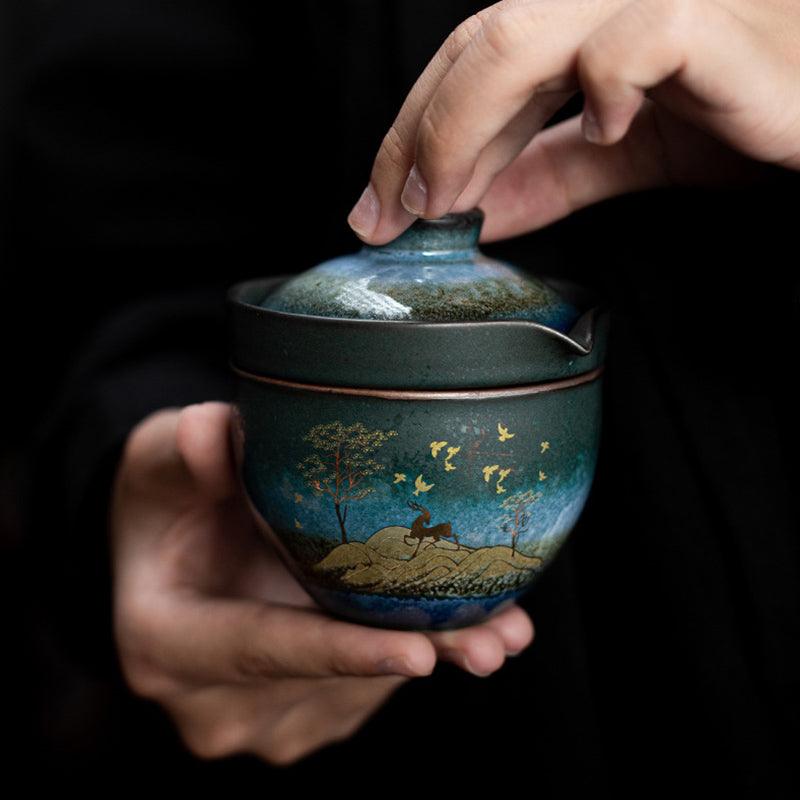 Buddha Stones Ceramic Teacup Deer Mountain Trees Lovely Cat Black Tea Cup With Lid and Bag - Deer Mountain Trees - image 0