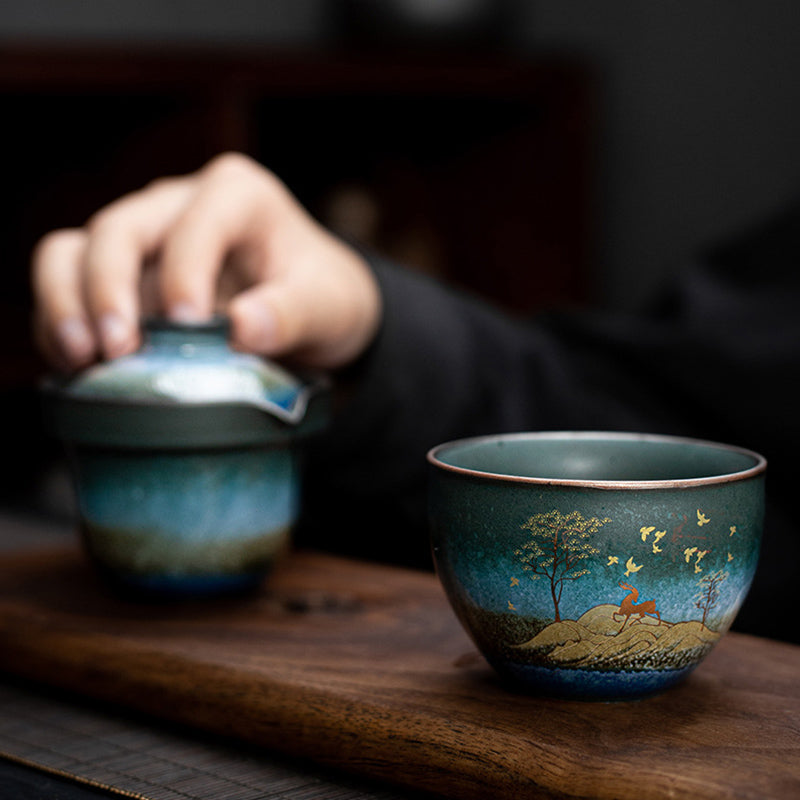 Buddha Stones Ceramic Teacup Deer Mountain Trees Lovely Cat Black Tea Cup With Lid and Bag - image 2