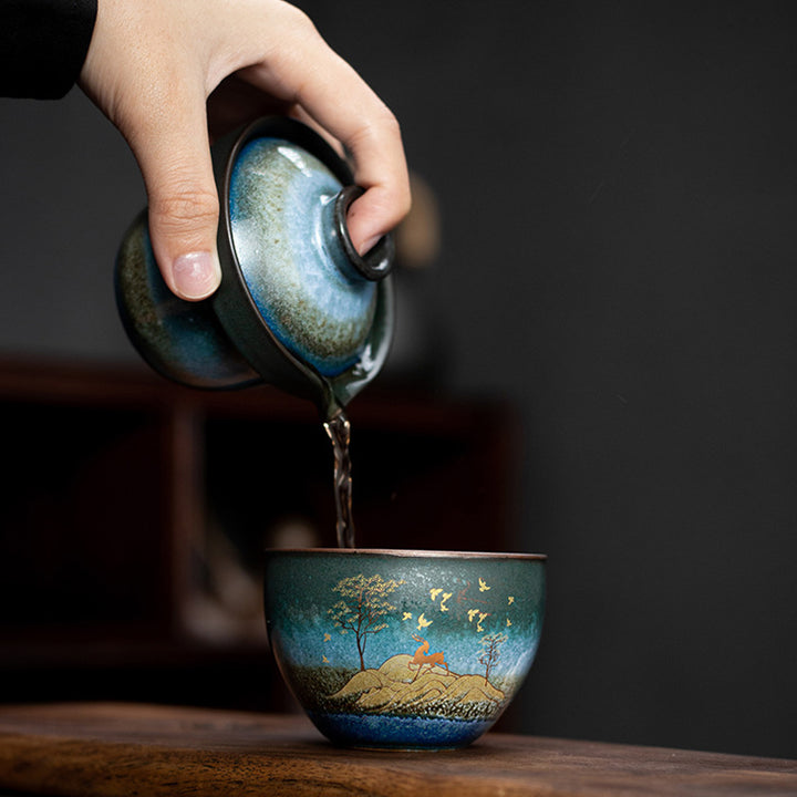 Buddha Stones Ceramic Teacup Deer Mountain Trees Lovely Cat Black Tea Cup With Lid and Bag - image 1