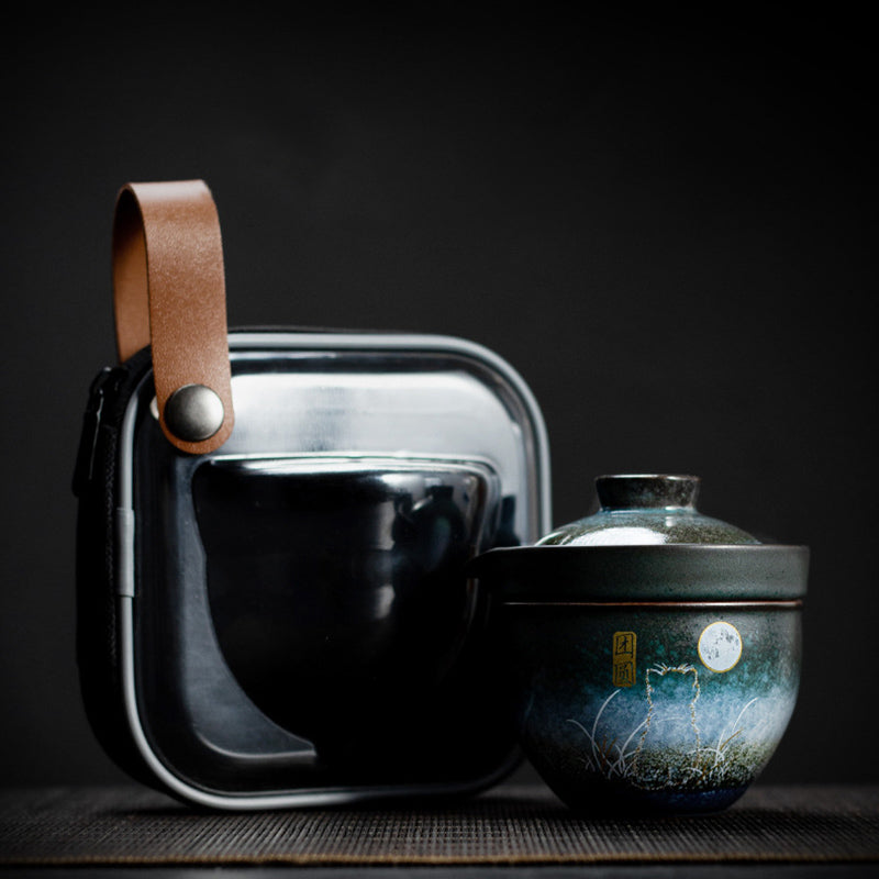Buddha Stones Ceramic Teacup Deer Mountain Trees Lovely Cat Black Tea Cup With Lid and Bag - Reunion Moon Cat - image 11