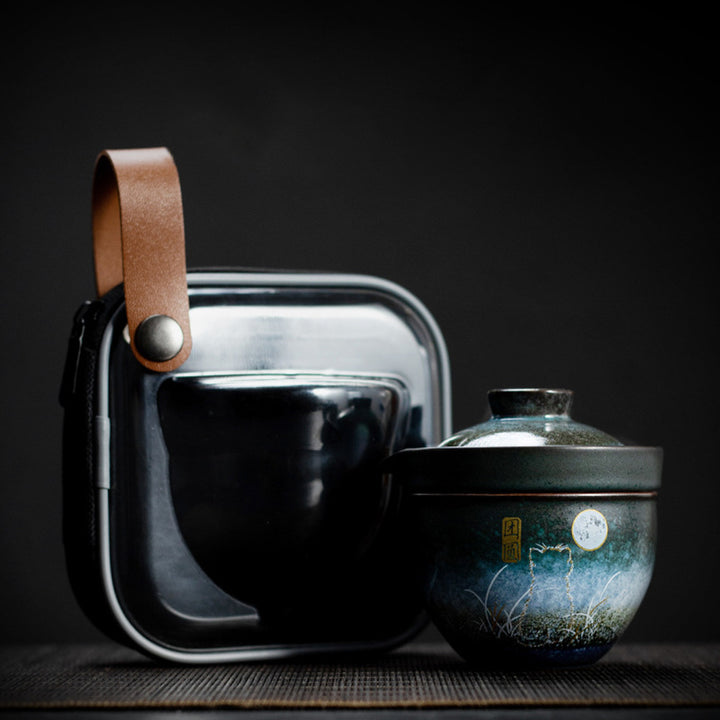 Buddha Stones Ceramic Teacup Deer Mountain Trees Lovely Cat Black Tea Cup With Lid and Bag - Reunion Moon Cat - image 11