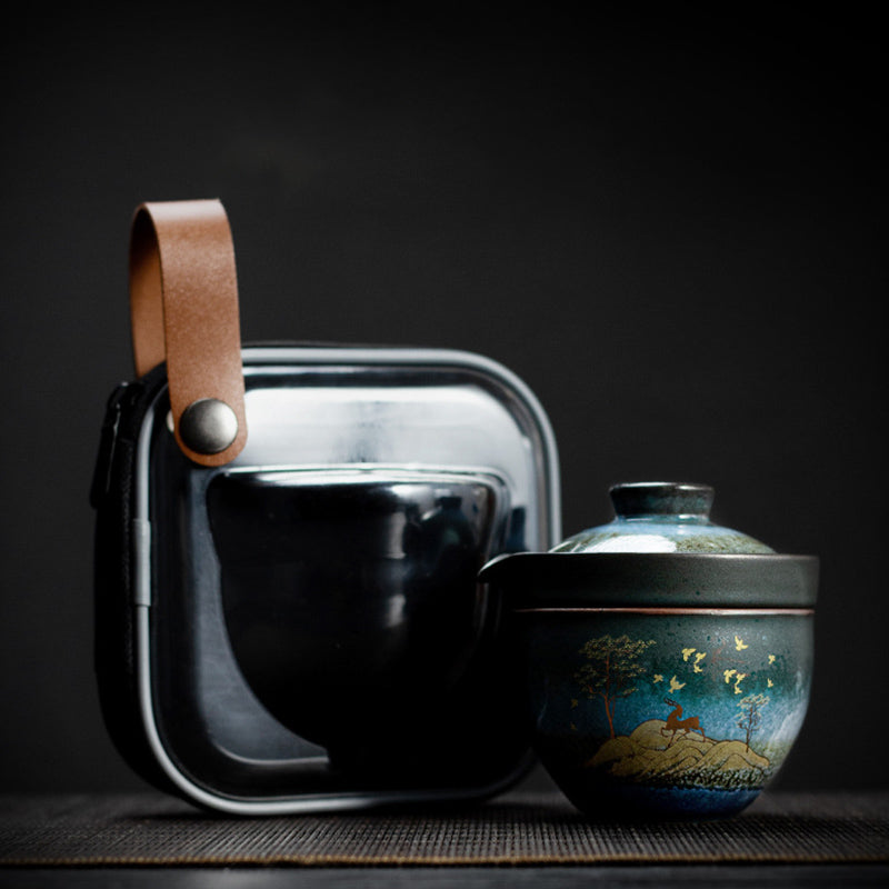 Buddha Stones Ceramic Teacup Deer Mountain Trees Lovely Cat Black Tea Cup With Lid and Bag - image 5