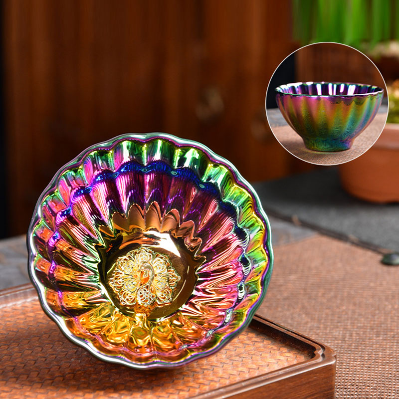 Buddha Stones Lotus Peacock Inlaid Multicolored Chinese Jianzhan Ceramic Teacup Kung Fu Tea Cup - Peacock 9.2cm*5cm*120ml - image 9