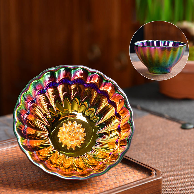 Buddha Stones Lotus Peacock Inlaid Multicolored Chinese Jianzhan Ceramic Teacup Kung Fu Tea Cup - image 2