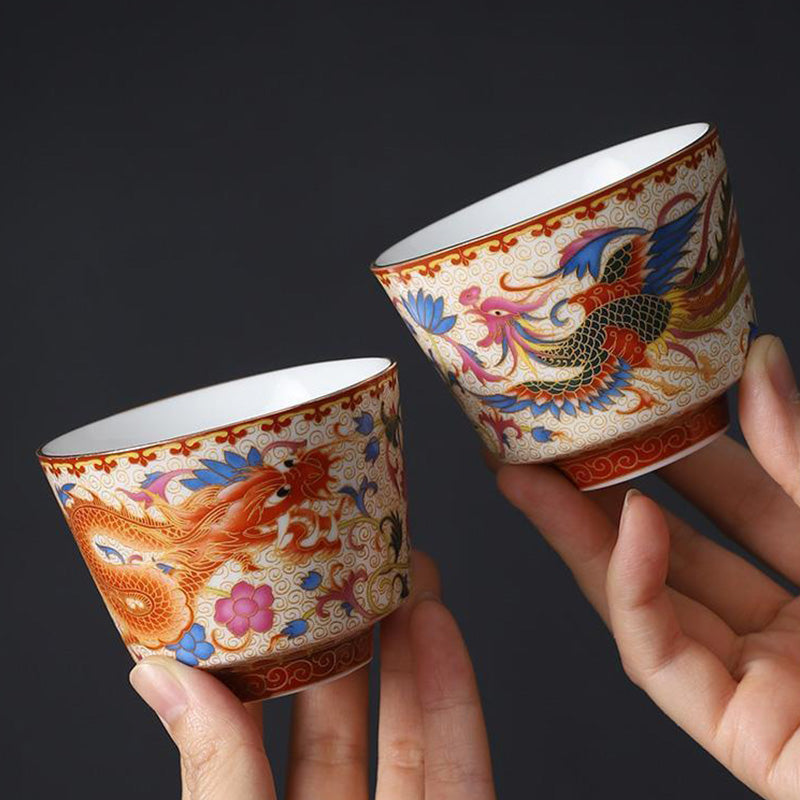 Buddha Stones 2Pcs Dragon Phoenix Ceramic Teacup Kung Fu Tea Cups - 2Pcs Dragon And Phoenix 7.2cm*5.7cm*110ml - image 0