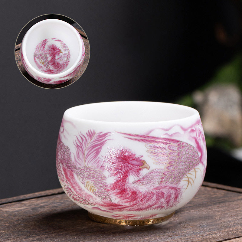 Buddha Stones Phoenix White Porcelain Ceramic Teacup Kung Fu Tea Cup 185ml With Gift Box - Rose Red Phoenix 8.5cm*6cm*185ml - image 7