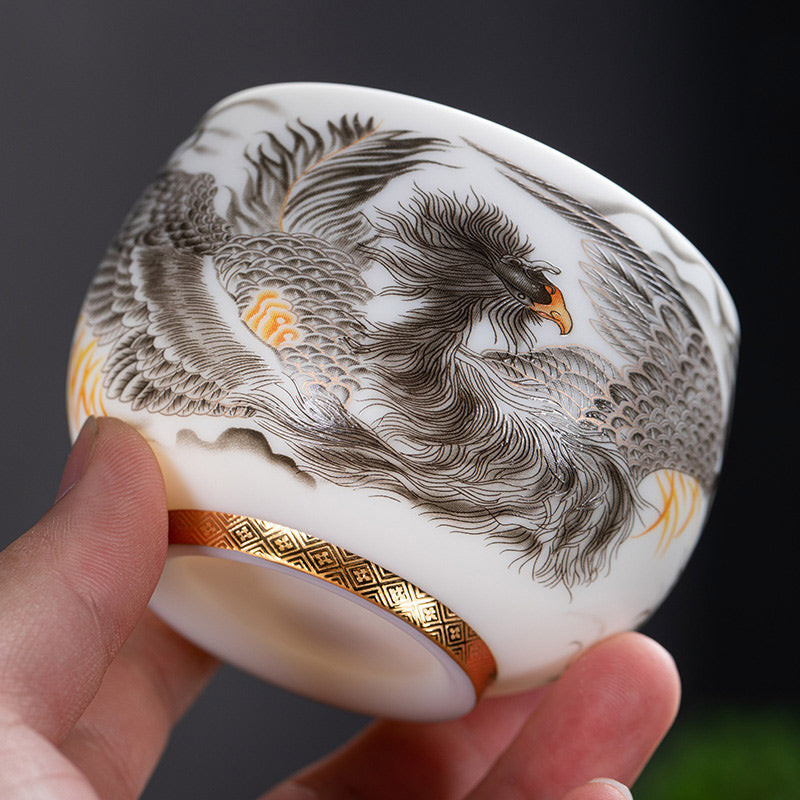 Buddha Stones Phoenix White Porcelain Ceramic Teacup Kung Fu Tea Cup 185ml With Gift Box - Black Phoenix 8.5cm*6cm*185ml - image 0