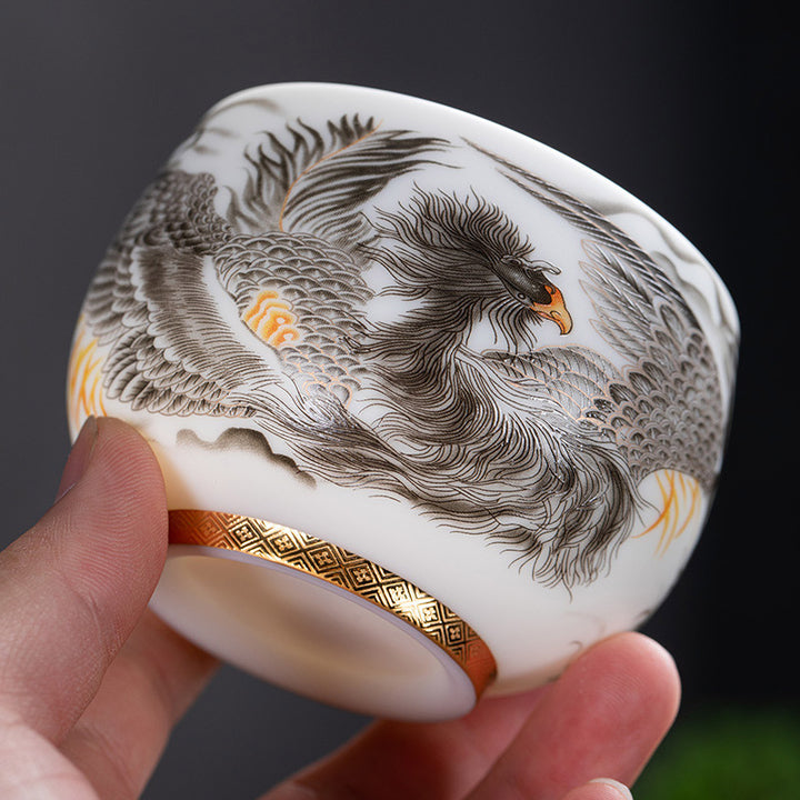 Buddha Stones Phoenix White Porcelain Ceramic Teacup Kung Fu Tea Cup 185ml With Gift Box - Black Phoenix 8.5cm*6cm*185ml - image 0