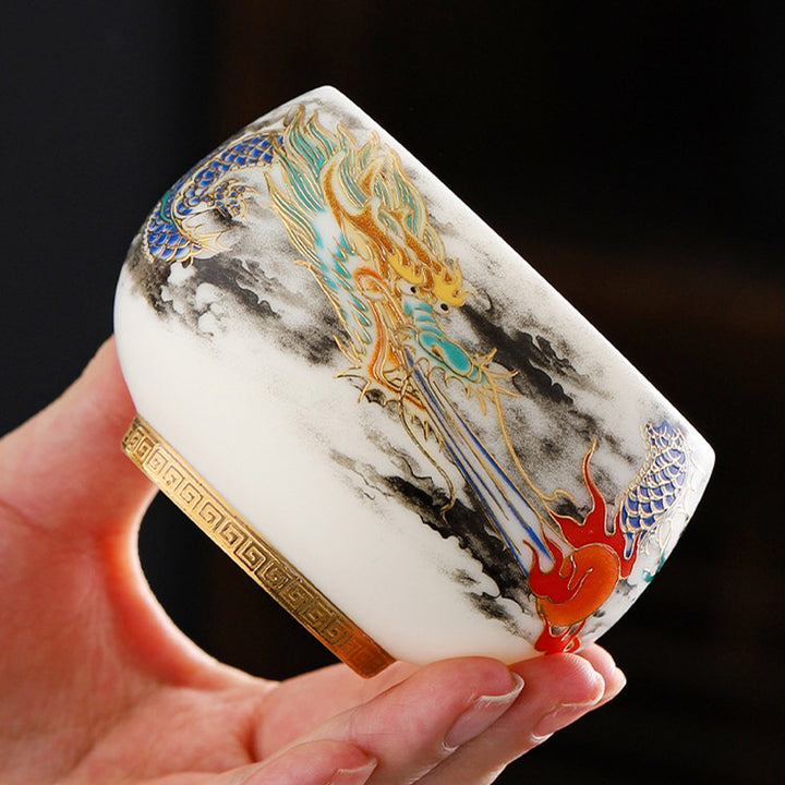 Buddha Stones Dragon Playing With Pearl Design White Porcelain Ceramic Teacup Kung Fu Tea Cup 160ml - Green Dragon 8.2cm*5.6cm*160ml - image 0